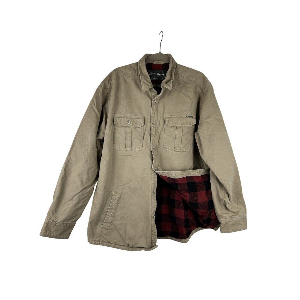 Eddie Bauer Men’s Size XL Shacket Utility Jacket Tan Plaid Fleece Lined